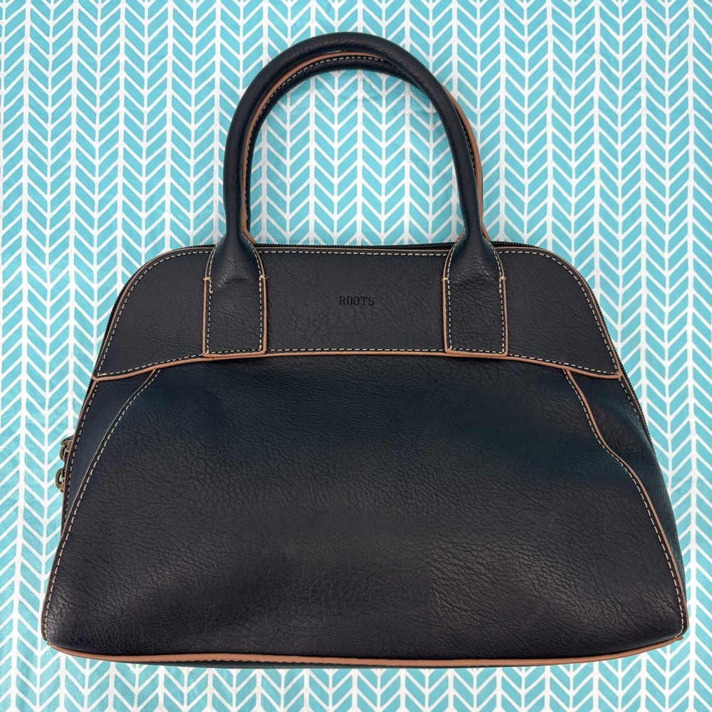 Roots Black with Brown Piping Leather Doctor's Bag Style Purse, 9” x 12”